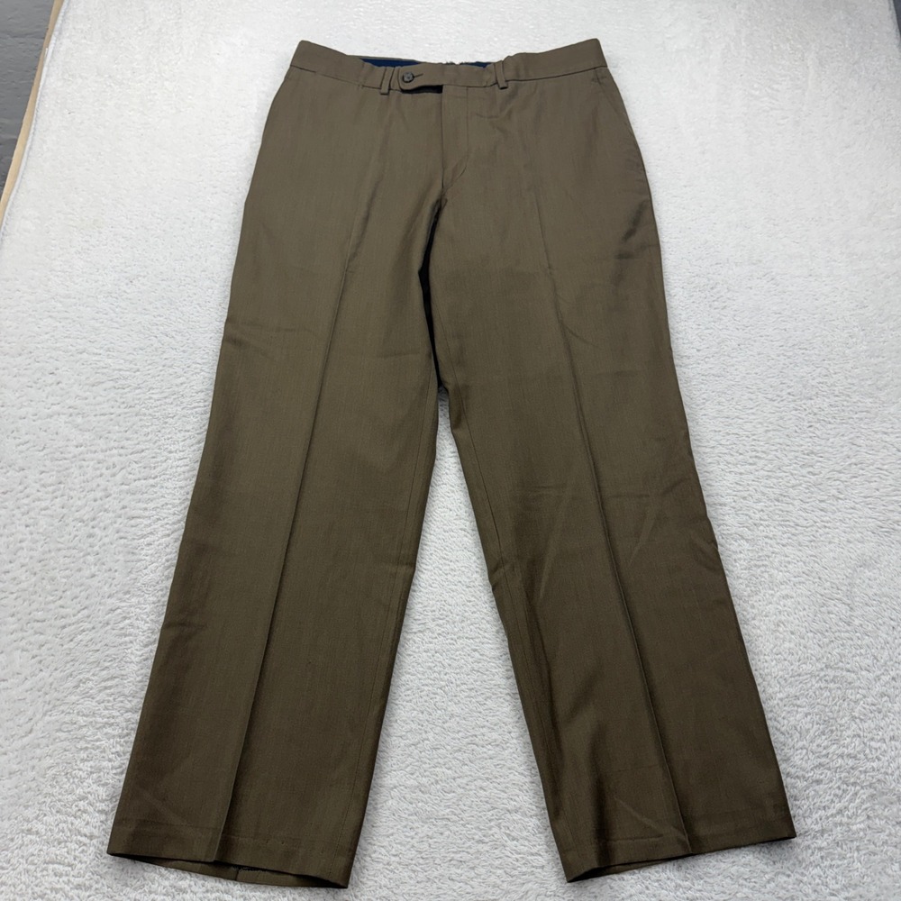 Faconnable Men's 36R Wool Blend Dress Pants Khaki Straight Leg Pleated Front